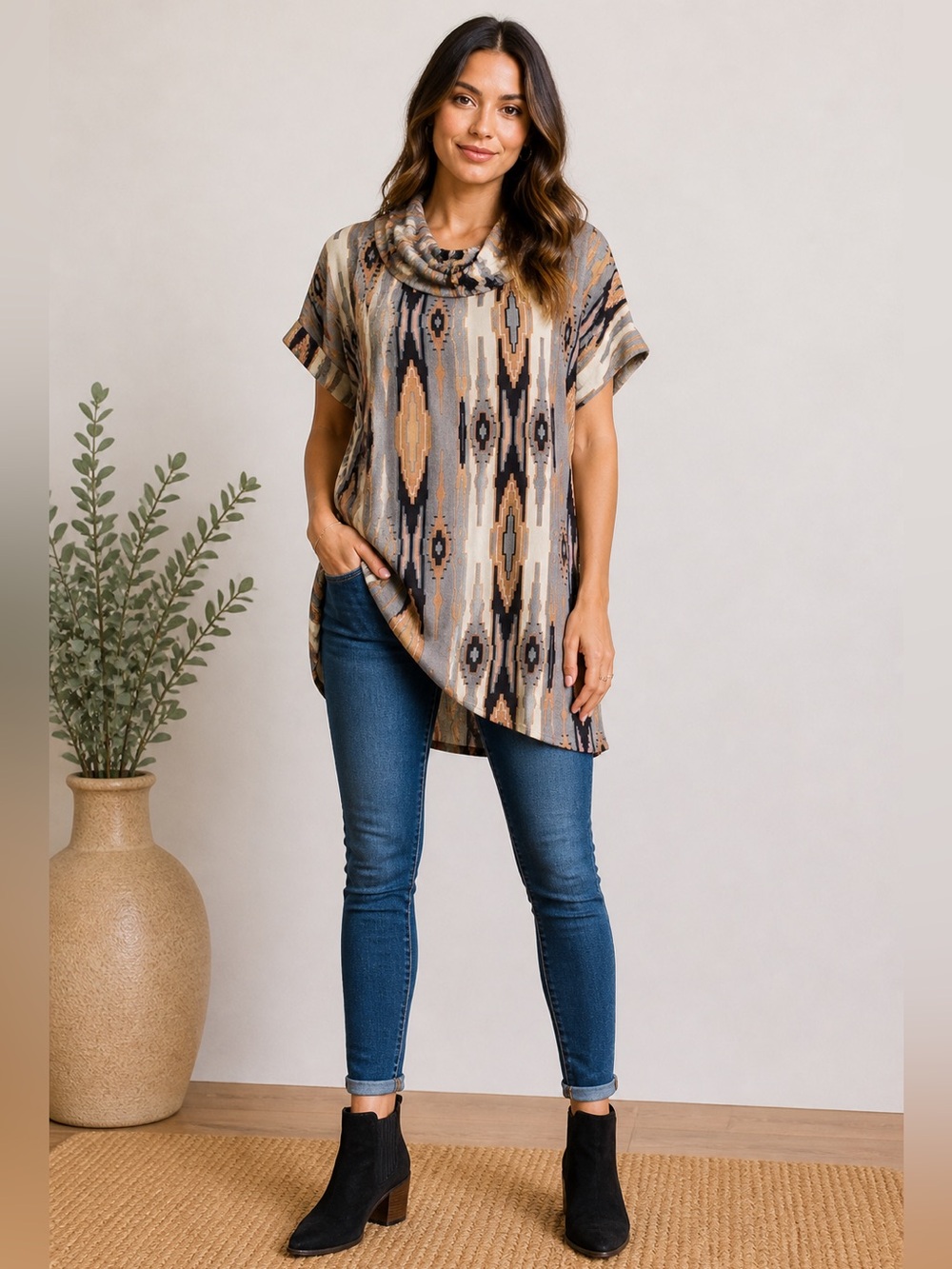 Tucker 100% Silk Tunic Dress Southwest Ikat Print Cowl Neck Pockets Oversized S
